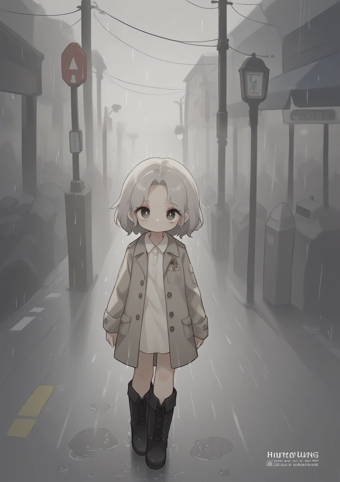 Western European Street,girl,Gray short hair,Gray Eyes,shirt,Long gray trench coat,boots,Cover your forehead with one hand,walk,Shuttling crowds,traffic light,rain,Puddles,Blurred foreground
