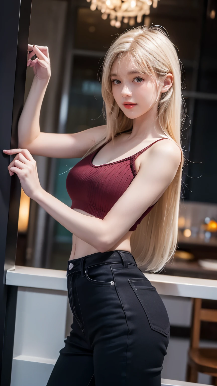 ((最high quality, 8k, masterpiece: 1.3, Ultra HD, high quality, 最high quality, high resolution, realism)) 、2 white women、platinum blonde、blue eyes、long hair、straight hair、laugh、Slim but well-proportioned and muscular body、me don'I don't want my head to disappear from the screen.、Put on red nail polish、me have a peticure、Black color((lace decoration))Wear a high neck zipper top、Black colorトレンカ((Back leggings))me'm wearing it、ピンヒールme'm wearing it、me'On a street lined with skyscrapers at night in New York、Beautiful neon sign、laugh、Place one hand on your hip..、model standing