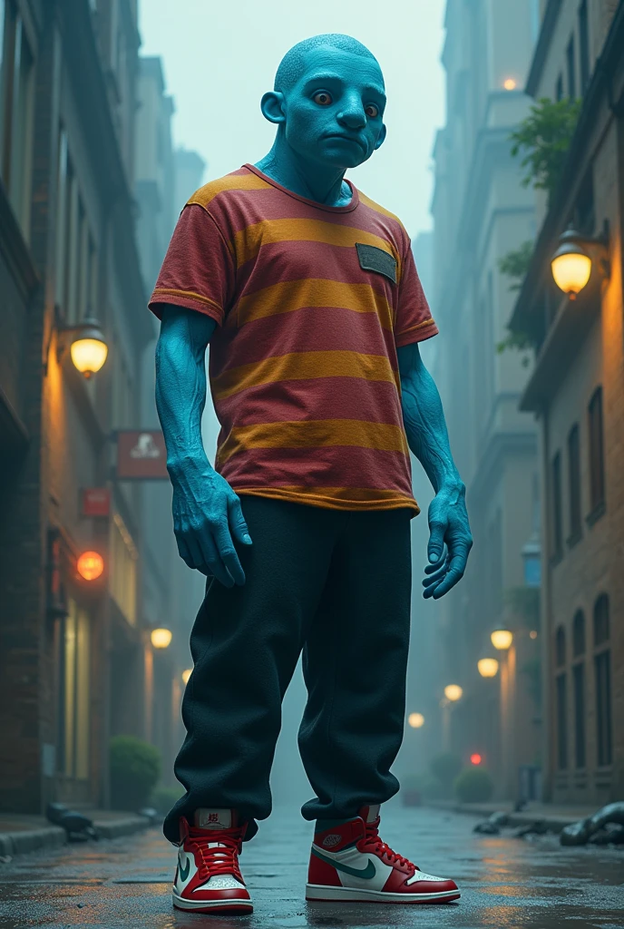 A 4-meter tall, blue-skinned, noseless person wearing a red and yellow striped shirt, black pants, and Jordan 1 retro highs