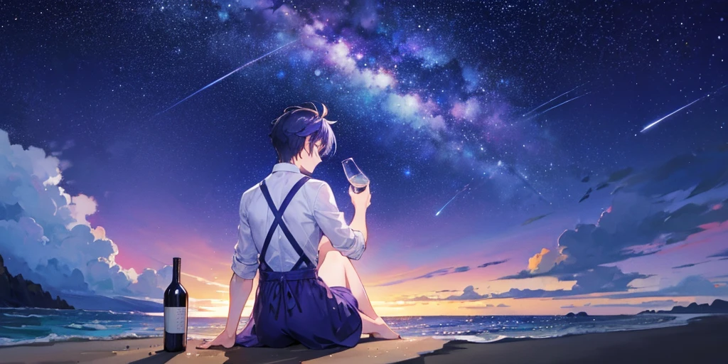 The back of a boy sitting on the beach holding a bottle of wine. There is a large purple starry sky and shooting stars in the background. The overall color is dim.