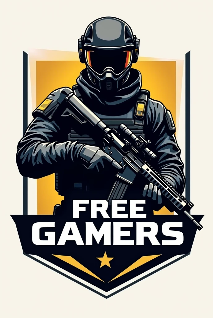 I am looking for a logo for a weapons team where it has a main image of a soldier, with a modern background with gold white and black colors, with a name in the center that says (FREE GAMERS)