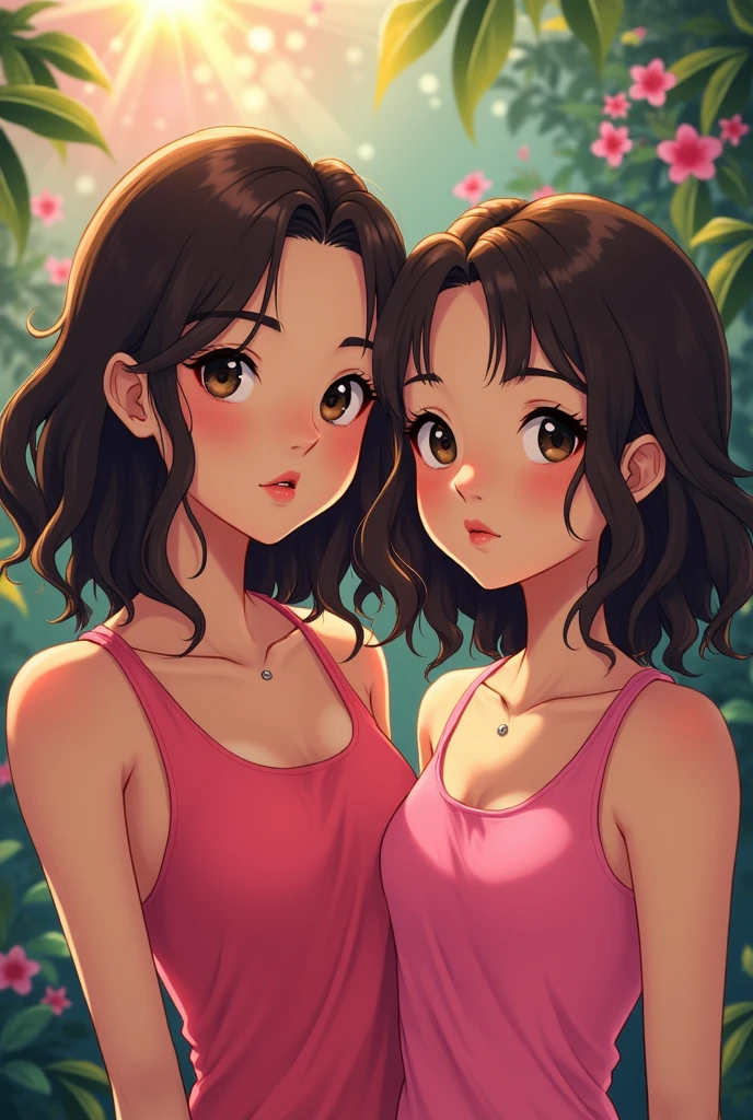 generate an 2 girl, pure blooded filipino, wearing pink tank top with dark brown eyes, has round eyes, greek nose, light cool brown medium hair, downward-turned lips, oval shape face, curved eyebrows and fair skin