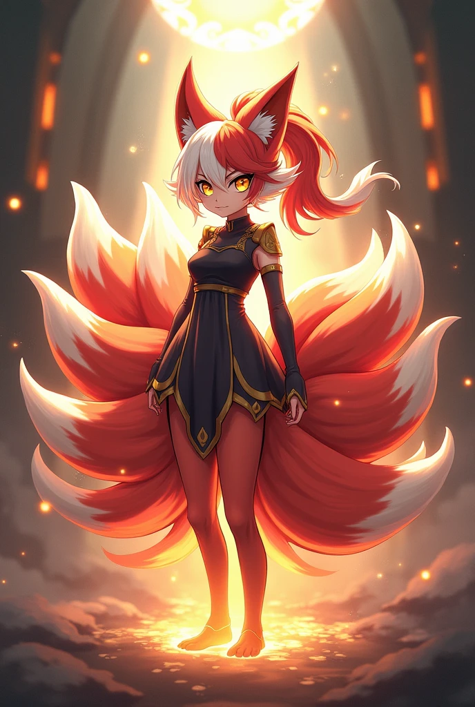 Create a Kitsune with half white and half red hair, with a ponytail, yellow eyes, eyes large, humanoid, with ears and nine tails, o nome dele é Kito Kaiiatsubaky, Personalidade: always cheerful and lively and willing to protect his friends and companions, skills: consists of sharp nails on the hands capable of making extremely distant cuts.