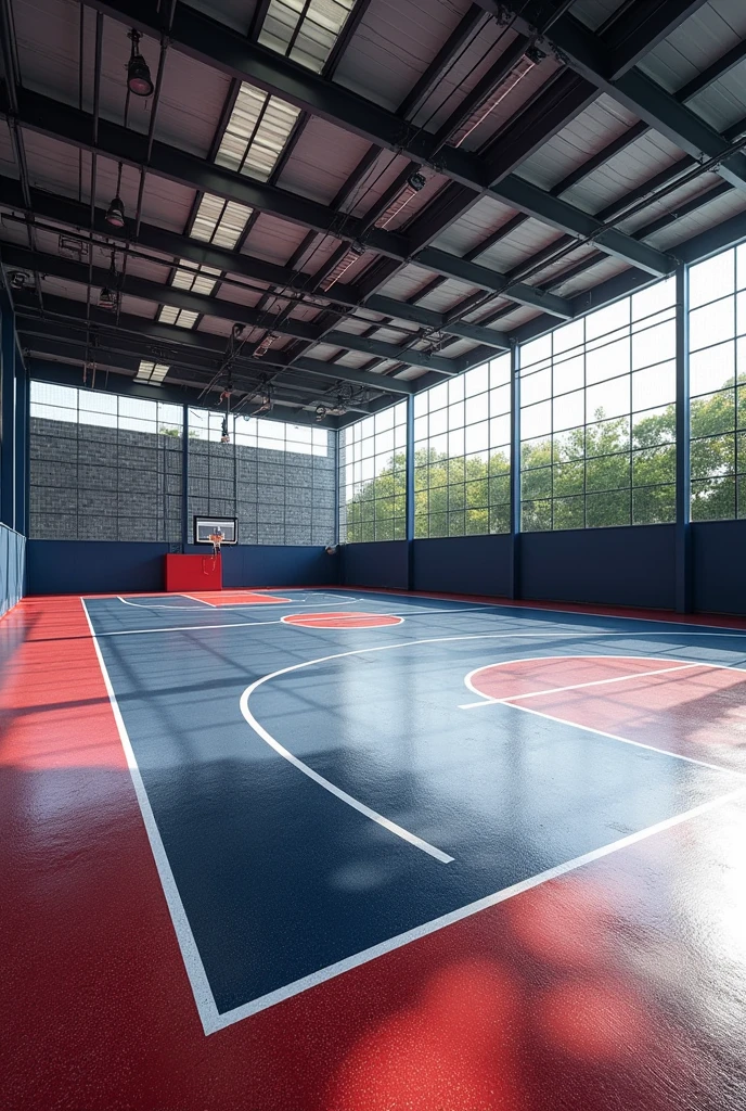 Terrazzo flooring multi task court basket ball, volleyball, net ball court made of terrazzo flooring and metal steal housing  8k hd make flooring visible the polished stone in black,red, black ,white and navy blue  and add small place for fans to sit  enclosed it and put  seats to multi task for other sports and a very visible polished stone floor 