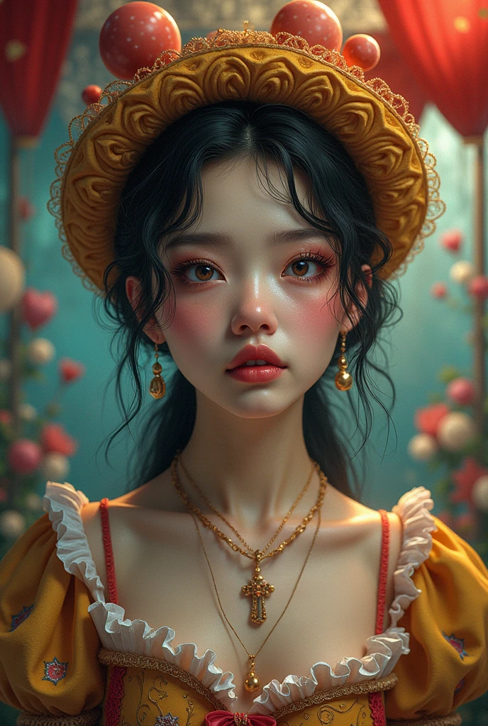 A beautiful portrait of juliachang in a whimsical and colorful circus setting, featuring intricate details and a retro aesthetic, cups, created in the artistic style of Conrad Roset and Jeremy Lipkin