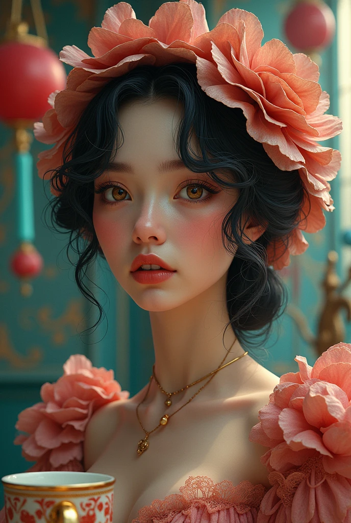 A beautiful portrait of juliachang in a whimsical and colorful circus setting, featuring intricate details and a retro aesthetic, cups, created in the artistic style of Conrad Roset and Jeremy Lipkin