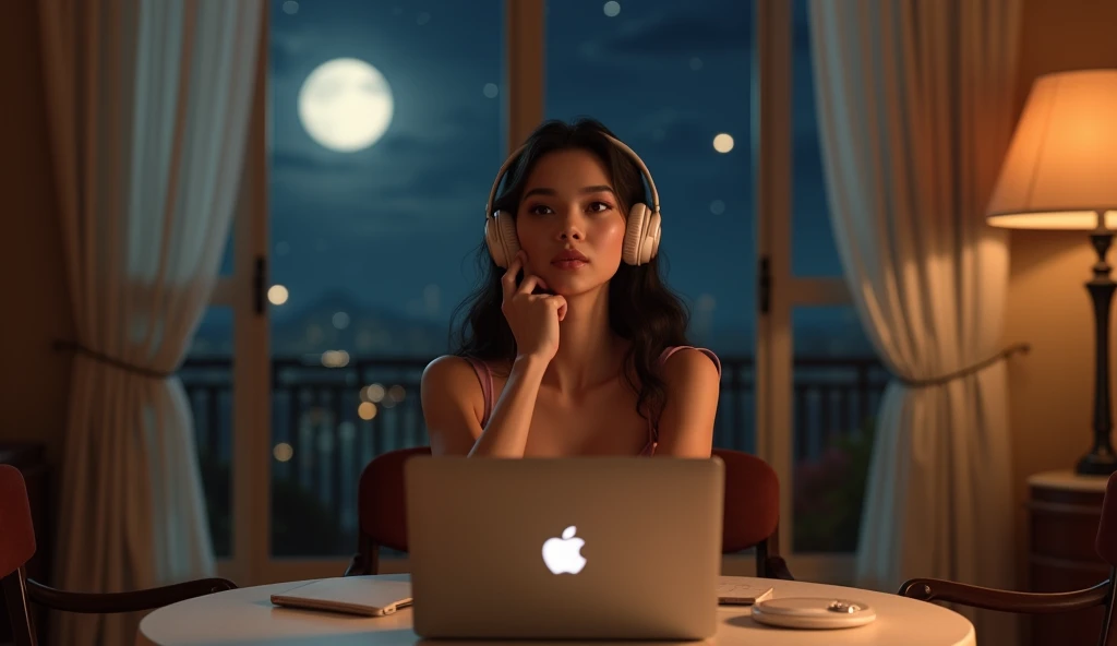 (photorealism:1.2), Create an image of an alone confident 2 Filipina woman with an hourglass body shape, slightly curvy, standing at 5'4". She has fair skin, long and thick hair, and a small heart-shaped face with subtle cheekbones and a rounded chin. Her nose is delicate, pointy, and . She is sitting on a chair at a table inside a beautifully decorated, well-lit room. The room is warmly illuminated by soft ambient lights, complementing the gentle moonlight streaming through large windows. She is wearing an elegant evening gown that drapes gracefully around her. In front of her is a MacBook Pro, and she is wearing large, stylish over-ear headphones, lost in the music playing. The camera is positioned directly in front of her, capturing her thoughtful expression as her hands rest on the table or gently touch her chin. Outside, the night sky is dotted with stars, adding a serene and tranquil ambiance to the evening.