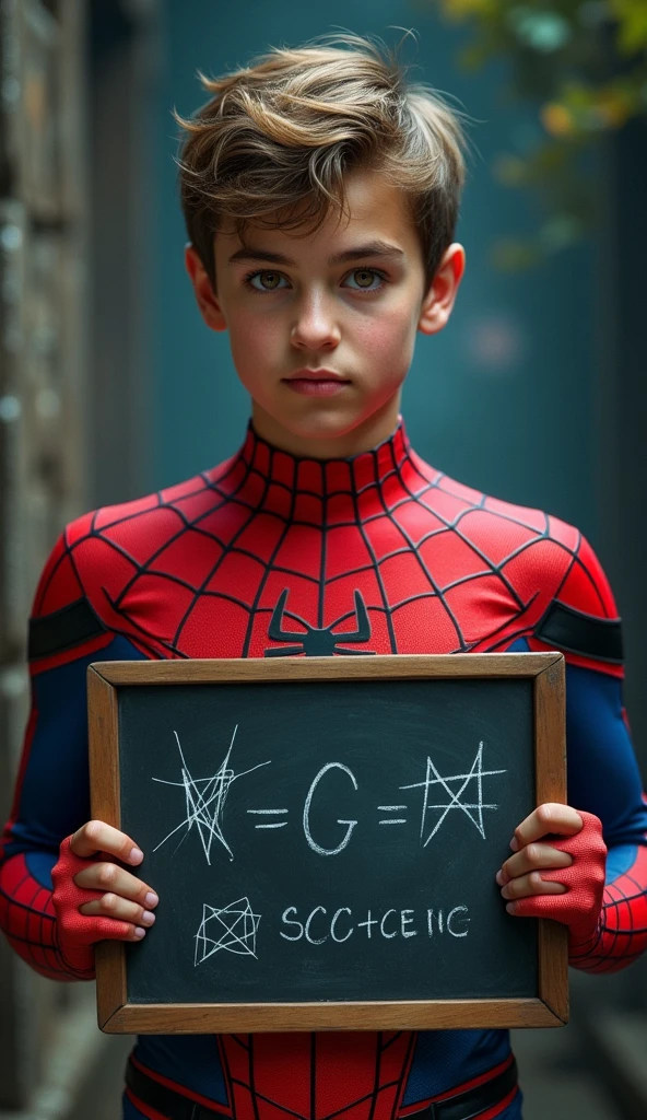 a young man in a spider-man costume holding a chalkboard with a webformula, intricate detailed portrait, detailed facial features, beautiful eyes, highly detailed, photorealistic, masterpiece, 8k, ultra detailed, cinematic lighting, dramatic lighting, digital painting, hyperrealistic, hyper-detailed, surreal, fantasy, conceptual art