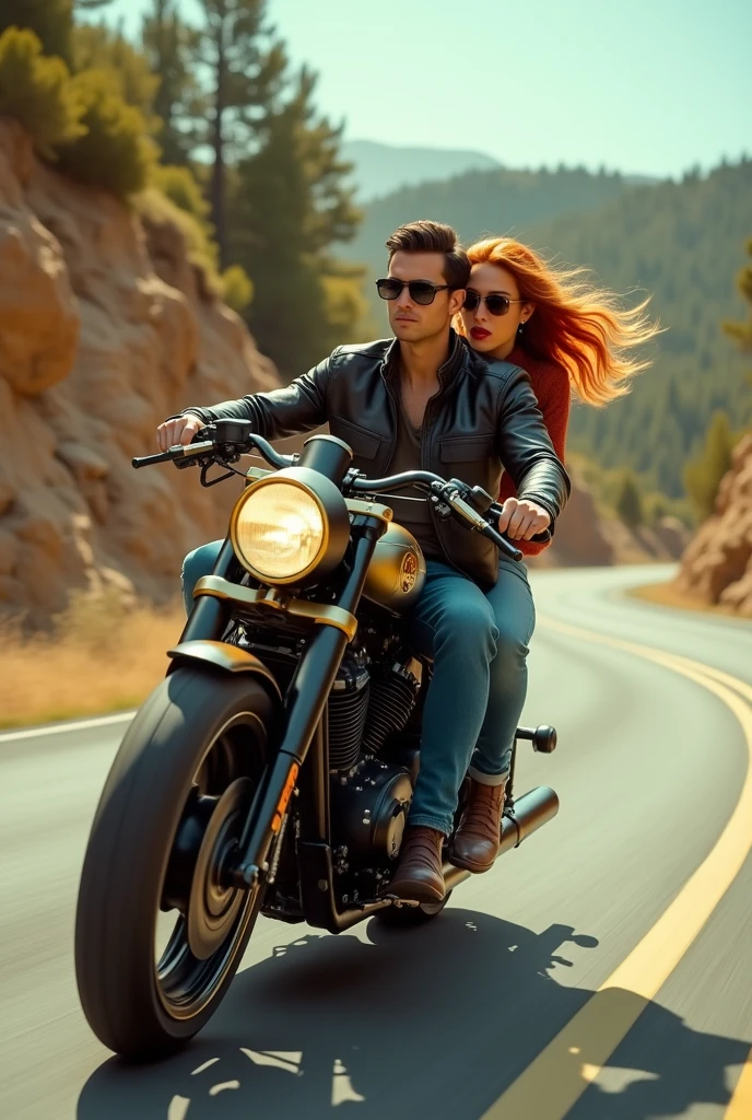 distant view, looking from behind, couple, man with black hair and sunglasses, beautiful redhead woman with sunglasses, red lipgloss stick, riding a vintage motorcycle, visual retro, motorcycle with satin black color and satin bronze details, cinematic look , gorgeous woman, 1970s style clothing, hair loose in the wind, speed