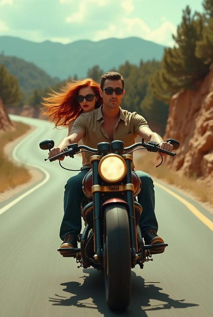 distant view, looking from behind, ((sideview)), couple, man with black hair and sunglasses, beautiful redhead woman with sunglasses, red lipgloss stick, riding a vintage motorcycle, visual retro, motorcycle with satin black color and satin bronze details, cinematic look , gorgeous woman, 1970s style clothing, hair loose in the wind, speed
