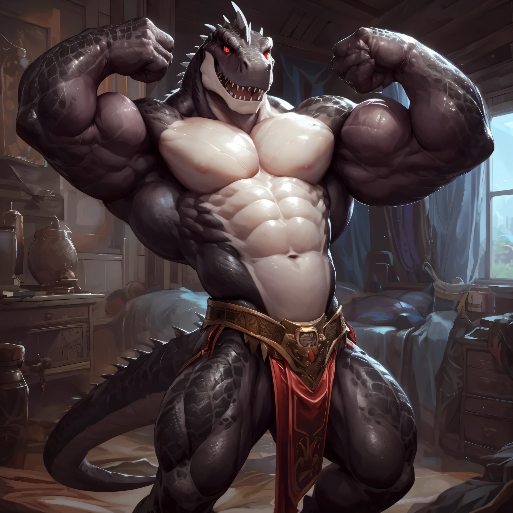 solo, anthro, male, ultra details, T-Rex, ((ultra detailed muscles)), (T-Rex print), black scales, white belly, black spiny scales, bedroom, standing up, bodybuilding pose, bodyguard outfit, black claws, red eyes, slit eyes, slim fit, muscular slim, menacing, sexy, handsome, flirt, ultra detailed slit eyes, pecs, hind leg, tail, looking at viewer, (Masterpiece, by null-ghost, ultra hi-res, 8k), naked torso , black posing trunk, front point of view.