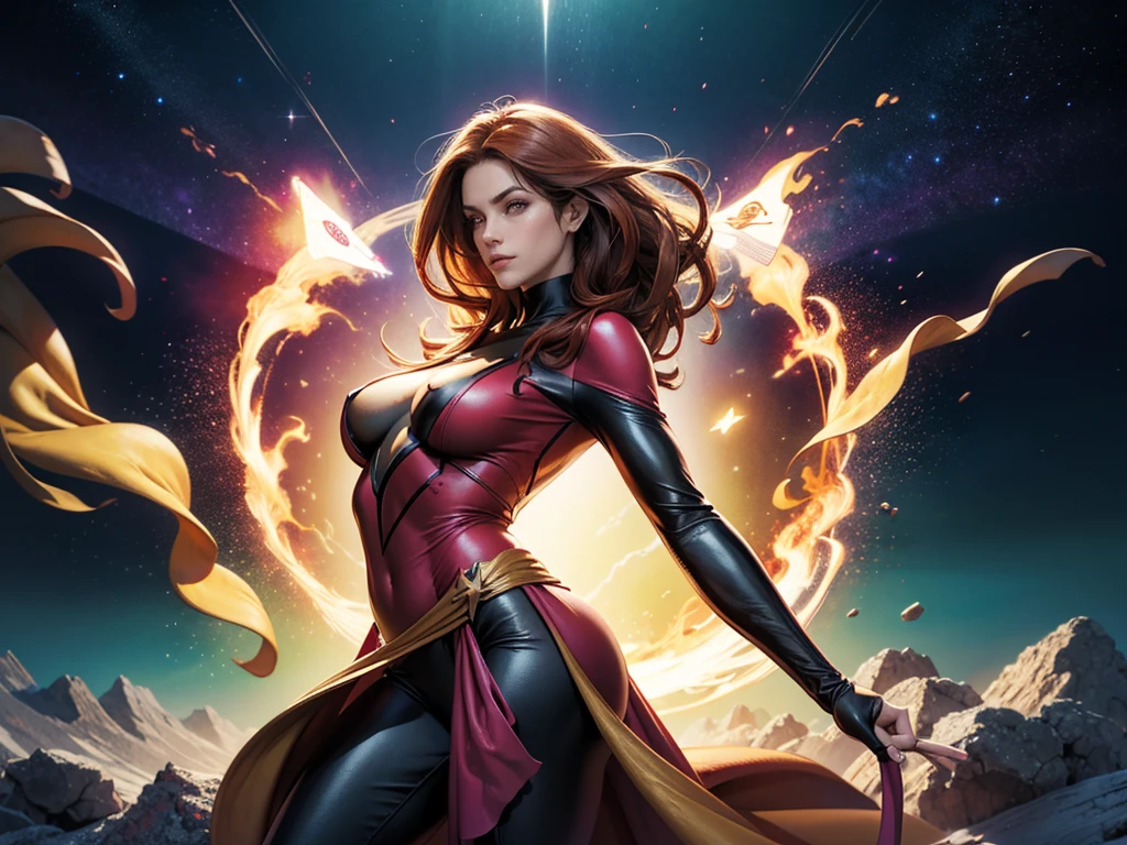 2 characters, Gambit and Jean Grey from X-Men, Gambit wearing bespoke tuxedo holding glowing Tower tarot card with smirking expression, Jean Grey wearing red bodycon dress holding flame pistol, back-to-back action pose in starry cosmic void with swirling energy, 16k, award winning digital art, detailed faces, vivid colors, studio lighting, sharp focus, physically based rendering, detailed eyes, beautiful detailed hands, best hands, perfect hands, correct anatomy, human anatomy