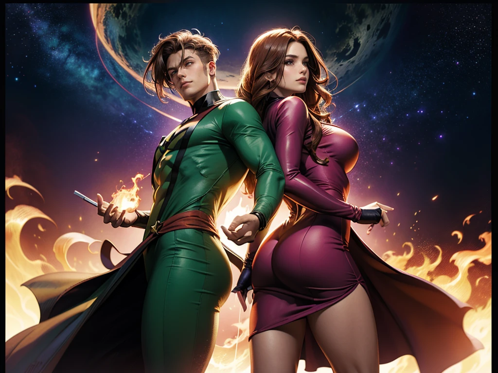 2 characters, Gambit and Jean Grey from X-Men, Gambit wearing bespoke tuxedo holding glowing Tower tarot card with smirking expression, Jean Grey wearing red bodycon dress holding flame pistol, back-to-back action pose in starry cosmic void with swirling energy, 16k, award winning digital art, detailed faces, vivid colors, studio lighting, sharp focus, physically based rendering, detailed eyes, beautiful detailed hands, best hands, perfect hands, correct anatomy, human anatomy