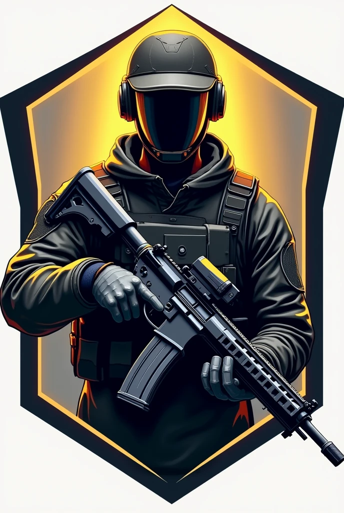 I am looking for a logo for a weapons team where it has a main image of a soldier, with a modern background with gold white and black colors, with a name in the center that says (FREE GAMERS)
