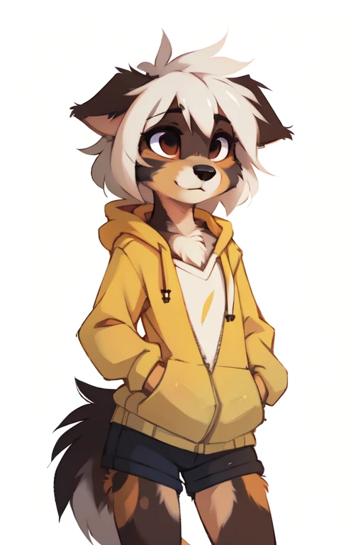 (((White background, no background))), High quality, 8K, by kenket, by swaybat, by reysi, by Zackary911, by hyattlen, by teranen, by fumiko, by Pixelsketcher, by Bayard Wu, by Einshelm, by Kilinah, by Hioshiru, by fluff-kevlar, by Dimwitdog, Furry, Anthro, solo, ((australian shepard)), ((female)), ((young)), fluffy tail, ((slender)), ((short white hair)), chest fluff, short, small breasts, pink panties, oversized long hoodie