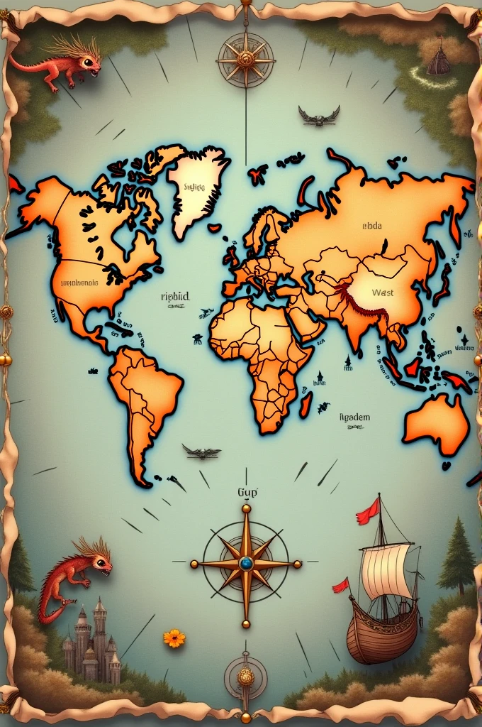 creates a cartoon style map/medieval artistic with specific characteristics,  Use more simplified and stylized lines, with irregular edges to give an artistic design look. Add ornamental details like aged paper textures, frayed edges, or decorative illustrations around the map. Each continent must be clearly separated and identifiable, following the general artistic style of the map. Place a compass rose in the bottom corner of the map, with a stylized and artistic design. The cardinal points (upstate, syd, east, West) can be represented imaginatively, but still recognizable. Add decorative elements like dragons, ancient ships, or fantastic creatures around the map to reinforce the medieval theme. Maintain a cohesive aesthetic that combines medieval fantasy elements with functional cartographic representation.
 Avoid realistic details in favor of a more imaginative and artistic style.
