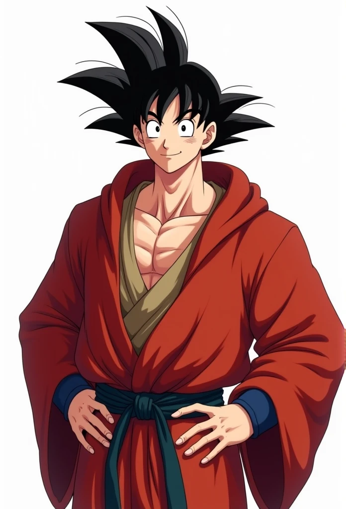 (Realistic,Realistic:1.37),Ultra-detailed,Detailed illustration of Goku(be familiar with,Emotional,Expressive,Features),Jedi Robe, Hooded Robe, Red Robe, Front opening robe, フードをsuffer, suffer, Hands on hips, smile, smiling, Simple Background, White background