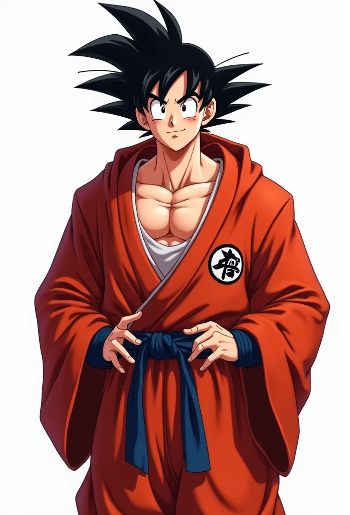 (Realistic,Realistic:1.37),Ultra-detailed,Detailed illustration of Goku(be familiar with,Emotional,Expressive,Features),Jedi Robe, Hooded Robe, Red Robe, Front opening robe, フードをsuffer, suffer, Hands on hips, smile, smiling, Simple Background, White background