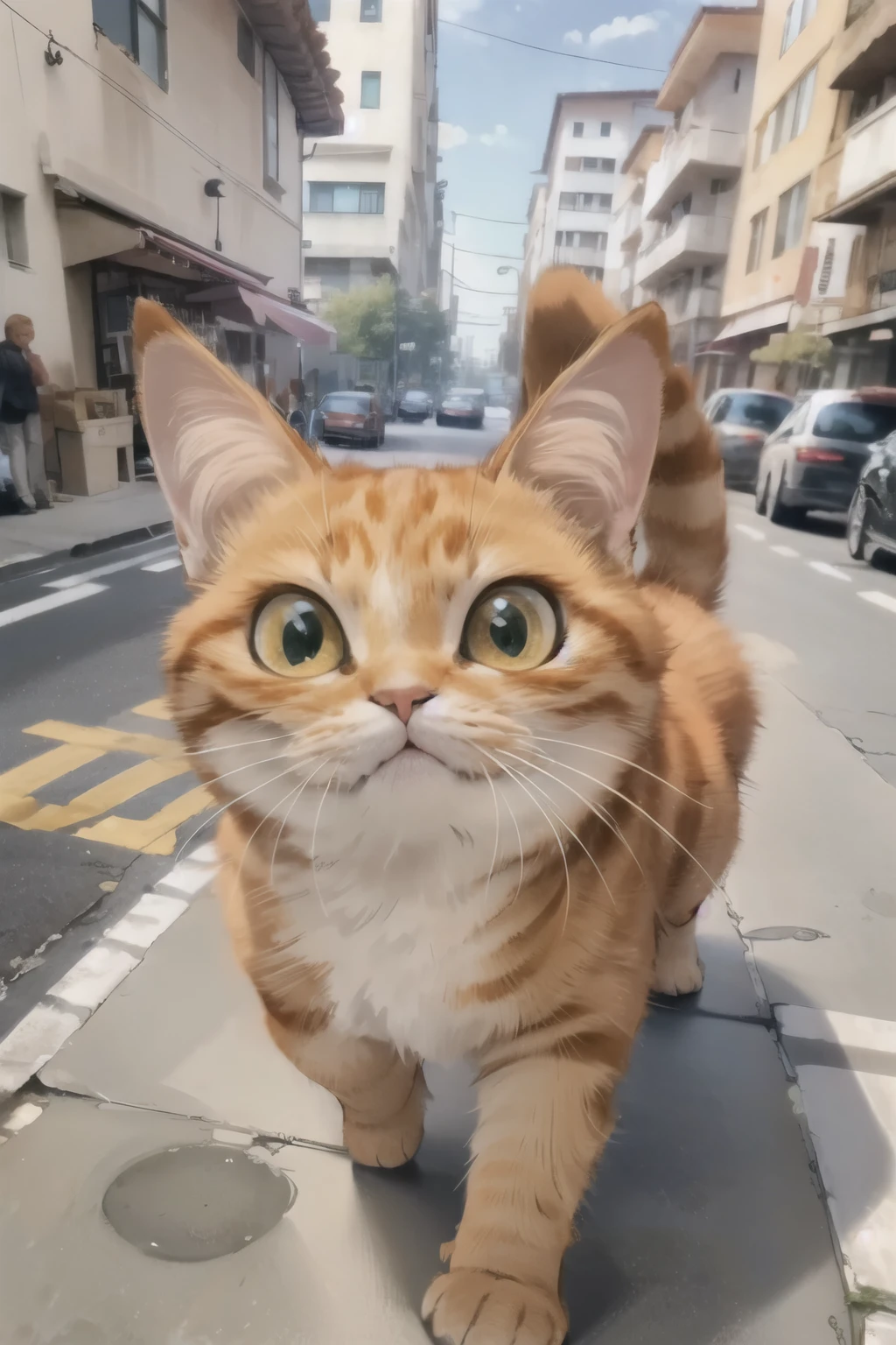 One little Orange kitten Nina Big eyes happily walking on street