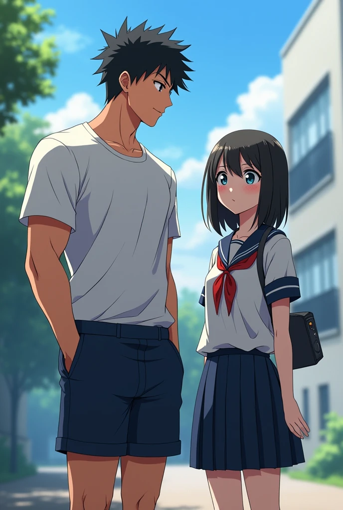 Boy with short hair black hair tall muscular body with a tall girl with medium hair with school uniform near the school 