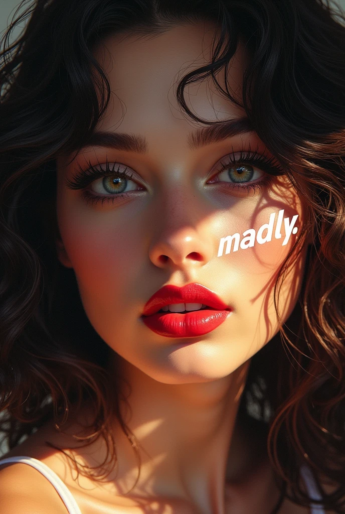 a beautiful french fashion model, seductive pose, provocative attitude, looking directly at the viewer, white "Madly" text on right cheek, detailed face, beautiful eyes, lips, high quality, photorealistic, studio lighting, vivid colors, 8k, detailed illustration, baroque style