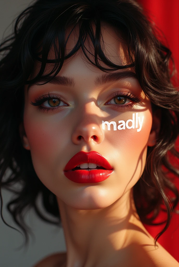 a beautiful french fashion model, seductive pose, provocative attitude, looking directly at the viewer, white "Madly" text on right cheek, detailed face, beautiful eyes, lips, high quality, photorealistic, studio lighting, vivid colors, 8k, detailed illustration, baroque style