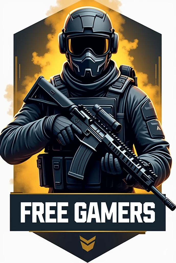 I am looking for a logo for a weapons team where it has a main image of a soldier, with a modern background with gold white and black colors, with a name in the center that says (FREE GAMERS)