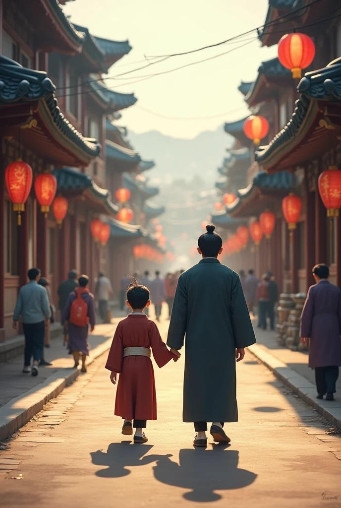 A boy walking backwards through the streets of Korea with the silhouette of his man at his side
