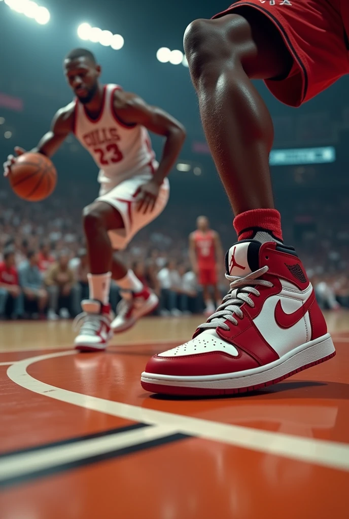 2 players play basketball game with different
Jordan shoes
