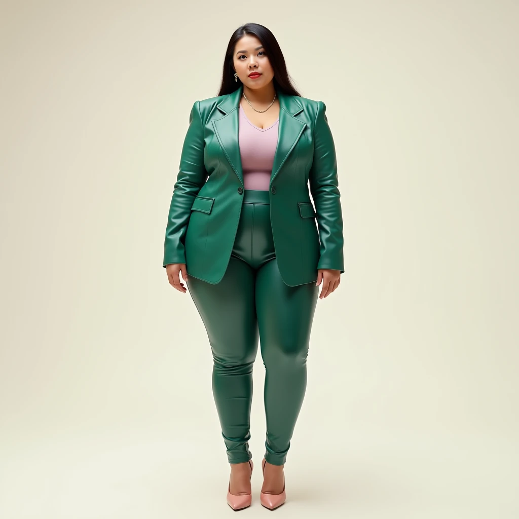 captured with a Sony α7 III camera, young Asia, an narrow waist, wide hips, and a full bust. The proportions are highly stylized, with a sharp contrast between the tiny waist and the expansive curves of the hips and chest, full body shot, fitted leather blazer Emerald green in color, bluish pink inner tee, high heels Blush pink, standing straight, creamy white background.