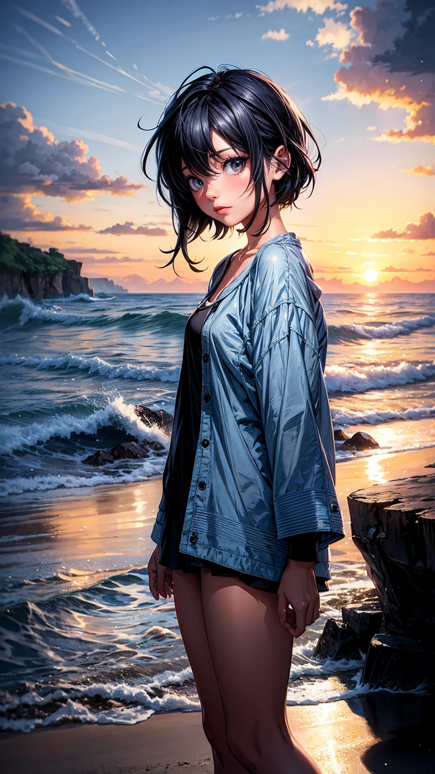 Night beach、Small waves are crashing、Cliffs in the background、A girl on the beach in the foreground、Girl has black hair、Makoto Shinkai style