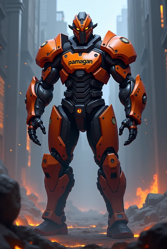 Generate the hero VALIR of mobile legends bang bang
Outfit: black, orange and red cybord body with very clear and not hidden print "PAMAGAN".
realistic