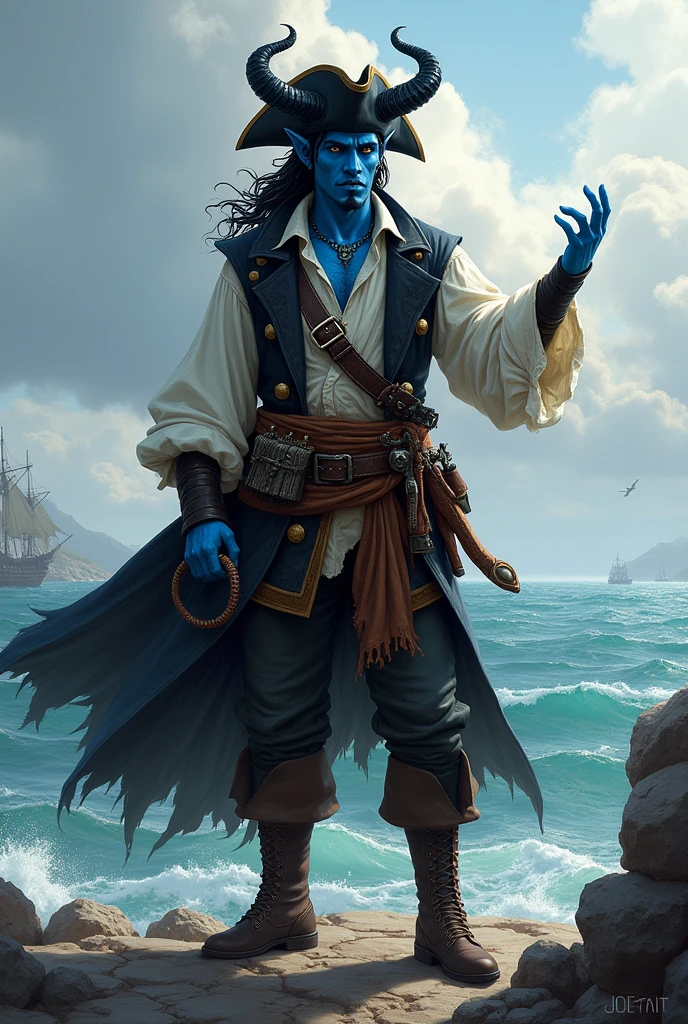 A black haired male Tiefling with blue skin in pirate apparel. 