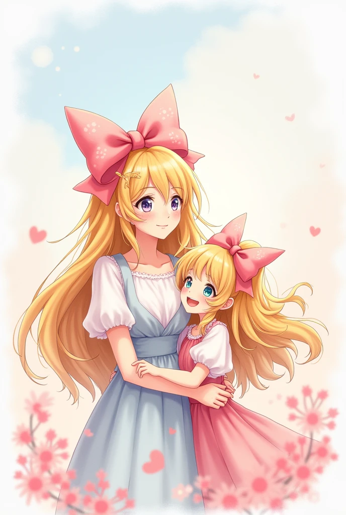 create a kawaii image of a beautiful blonde girl with 2 big bows in her beautiful hair together with her mother
