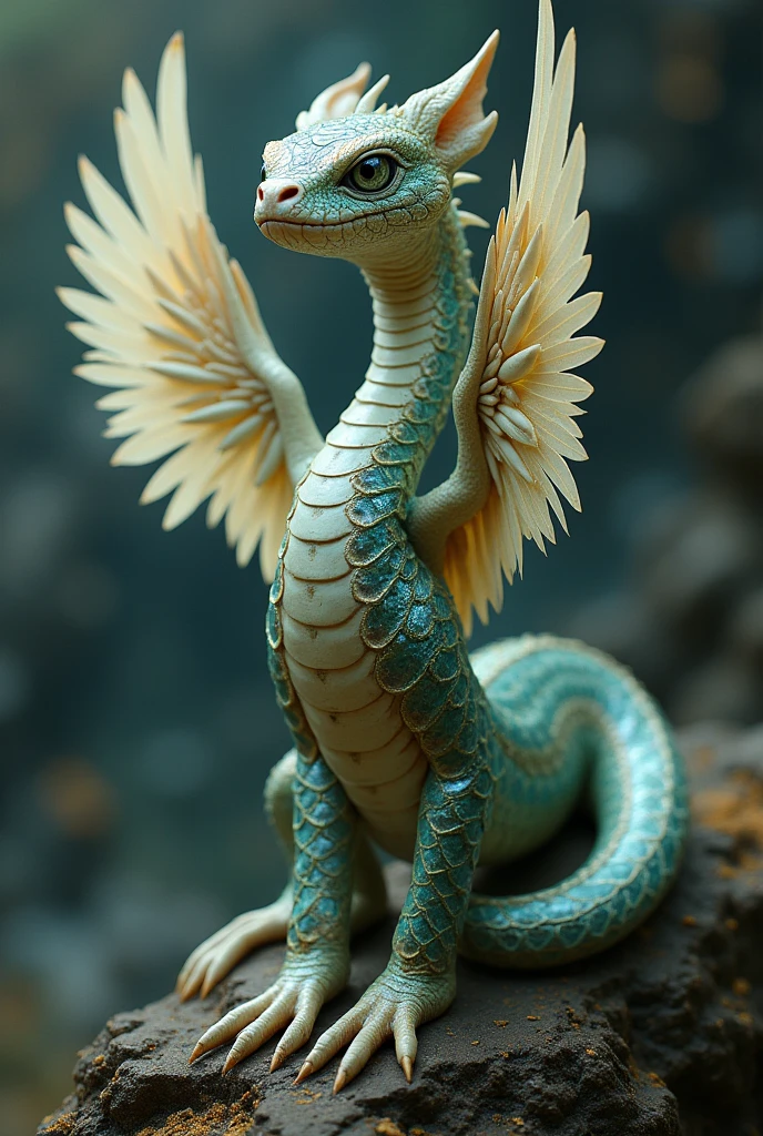 Snake with four feet two wings its scales are shiny