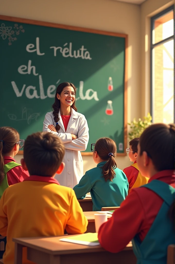 A vibrant classroom scene with a wooden blackboard displaying "El Rekluta el de Valencia Venezuela 🇻🇪." Enthusiastic students in science suits listen intently to a joyful teacher, bathed in warm sunlight, creating an inviting atmosphere.