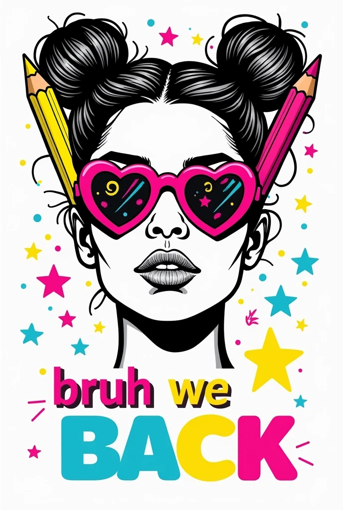 Create a vibrant and trendy graphic featuring a black and white illustration of a woman's head with hair styled in two high buns. Add two large pencils with bright pink erasers stuck in the buns, decorated with colorful patterns. The woman should wear heart-shaped sunglasses with neon-colored star and swirl patterns. Surround the head with colorful stars in yellow, pink, and blue. Below the illustration, include the text 'BRUH WE BACK' in bold, colorful block letters, with each word in a different bright color. Use a white background to make the colors and illustration pop. white background