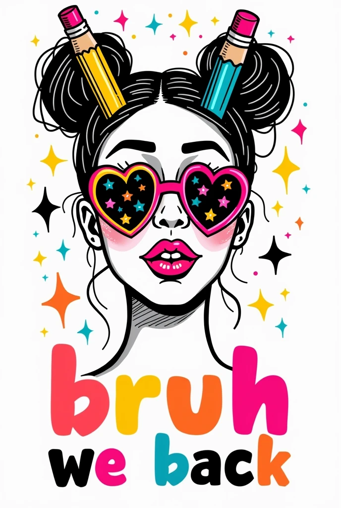 Create a vibrant and trendy graphic featuring a black and white illustration of a woman's head with hair styled in two high buns. Add two large pencils with bright pink erasers stuck in the buns, decorated with colorful patterns. The woman should wear heart-shaped sunglasses with neon-colored star and swirl patterns. Surround the head with colorful stars in yellow, pink, and blue. Below the illustration, include the text 'BRUH WE BACK' in bold, colorful block letters, with each word in a different bright color. Use a white background to make the colors and illustration pop. white background