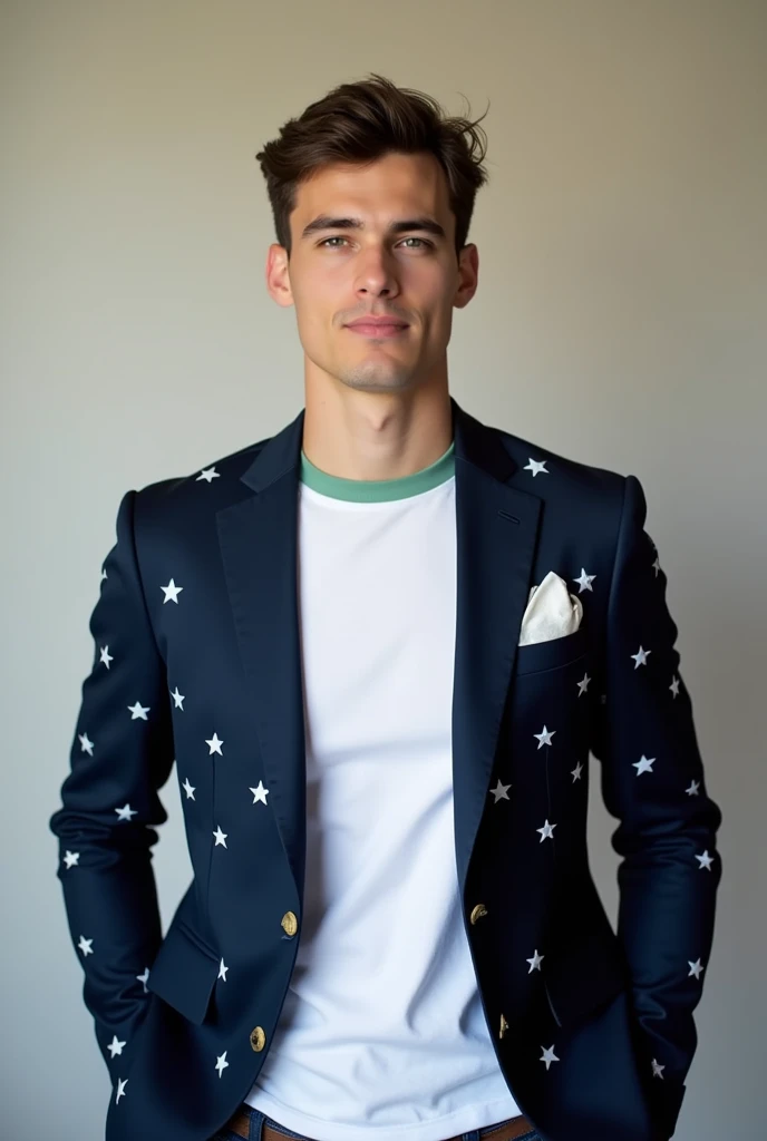 Man wearing a white t-shirt with a light green collar, on top a dark blue blazer with 27 simple white stars spread across the blazer