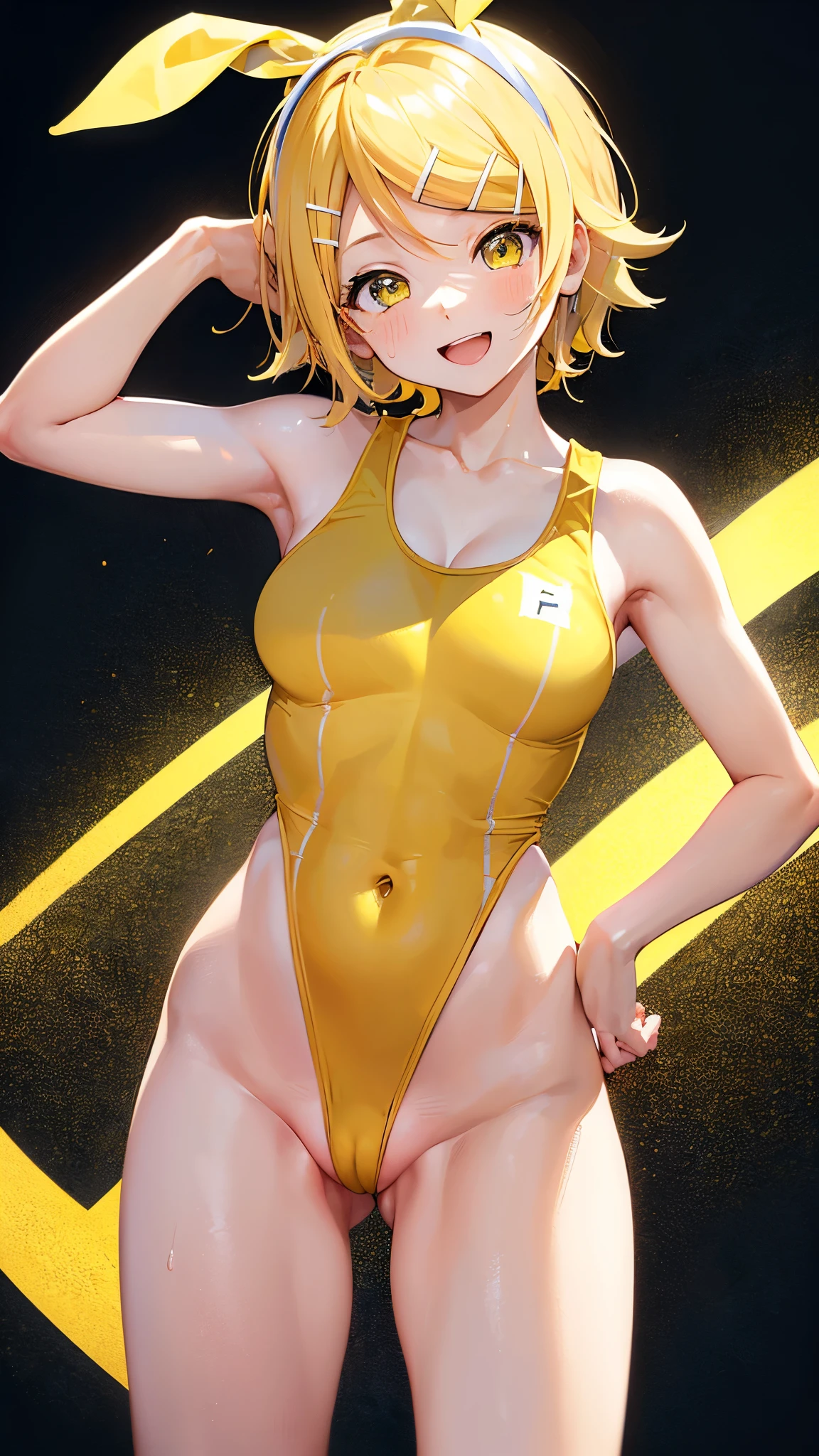 (((anime-style cute face))),(((One Girl、Kagamine Rin、Age 25))),Highest quality, (Sharp details), (8k, RAW Photos, Highest quality, masterpiece), (extremely detailed 8k wallpaper),Professional Lighting,Sharp focus, Depth of written boundary、Ticker,(((Face close-up)))、(looking at the camera),((((very happy face))))、Very big eyes、anatomically correct body、Big thighs、Light from the front、The face is bright、Cute big tits、Slightly muscular、((((Track and field uniforms are white and yellow))))、（The costume fits perfectly）、Cleavage、Belly button、（The frilly mini skirt is black）、Shot from above、lure、Lots of sweat、Accentuates body lines、Side Shot:1.3