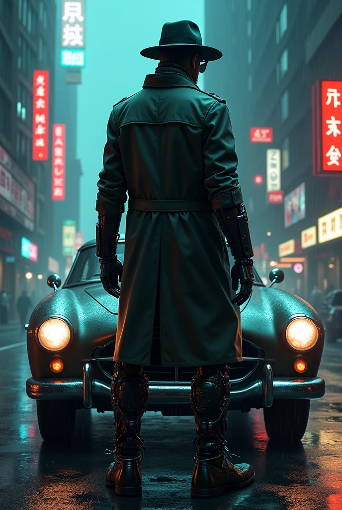 detective cyborg noir , "scify noir" like movie poster --classic car