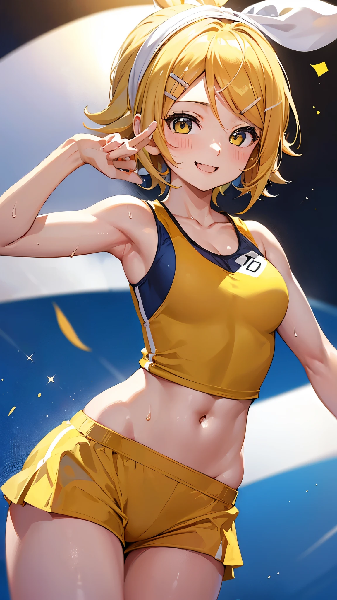 (((anime-style cute face))),(((One Girl、Kagamine Rin、Age 25))),Highest quality, (Sharp details), (8k, RAW Photos, Highest quality, masterpiece), (extremely detailed 8k wallpaper),Professional Lighting,Sharp focus, Depth of written boundary、Ticker,(((Face close-up)))、(looking at the camera),((((very happy face))))、Very big eyes、anatomically correct body、Big thighs、Light from the front、The face is bright、Cute big tits、Slightly muscular、((((Track and field uniforms are white and yellow))))、(The costume fits perfectly)、Cleavage、Belly button、(The frilly mini skirt is black)、Shot from above、lure、Lots of sweat、Accentuates body lines、Side Shot:1.3