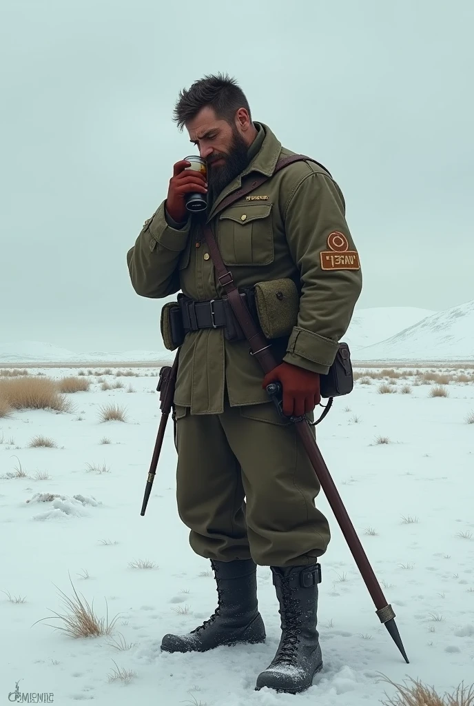 Soldier alone in border with drinking the rum on winter season