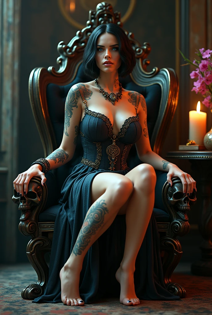 (generate a slutty whore, gigantic breast, wear luxury strapless traditional dress, short hair, sit on scary skull chair, hand on hips), (scary skull table and flower vase), (magic potion bottle), (candle on table), (show cleaveage), (show underboobs) ,((show sideboobs)), (show thigh with tribal tattoo), (detailed (scary  skull hairpin), detail flower background, beautifull face, pretty face, beautifull eyes, beautifull nose, sexy lips, raytracing, beautifull fingers, beautifull hands, sexy belly, sexy body, sexy shoulders, sexy legs, sexy hips, (scary skull bracelet), (scary skullring), (scary skull necklace), beautifull nails , blue eye, perfect hand, perfect fingers, white skin, full body picture, pretty makeup, good lighting, realistic shadow, professional photography, 4k resolution, perfect anatomy, nsfw