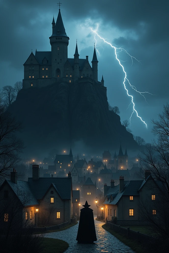 a small gothic town with lights only inside the buildings, behind and on top of a cliff is a vampire count in front of his dark and spooky castle on top of a high hill and under a dark sky with one lightningbolt glooming in the night