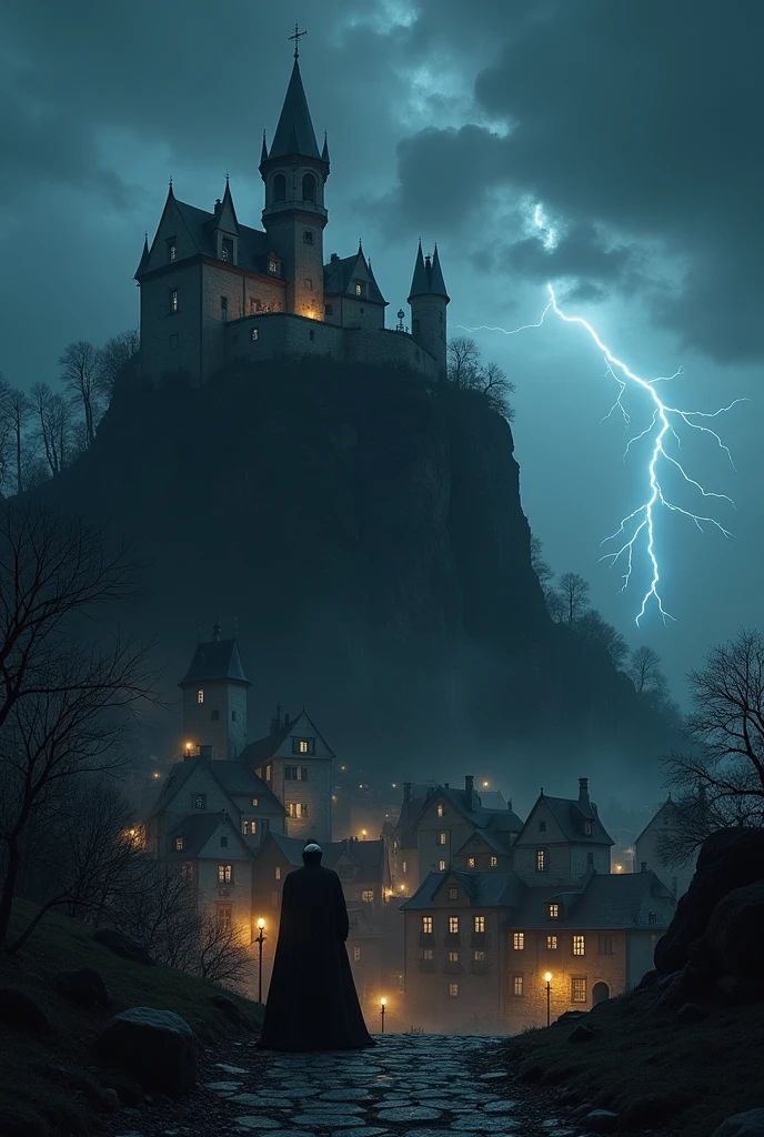 a small gothic town with lights only inside the buildings, behind and on top of a cliff is a vampire count in front of his dark and spooky castle on top of a high hill and under a dark sky with one lightningbolt glooming in the night