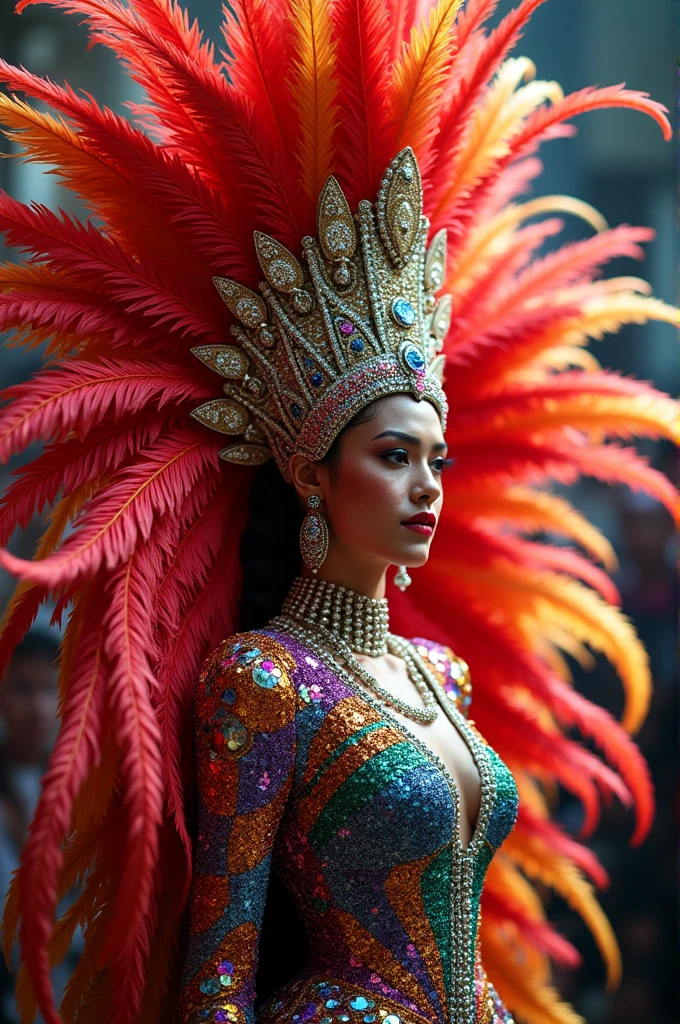 Design me a Barranquilla carnival queen dress with lots of feathers and sequins in bright and bold colors 