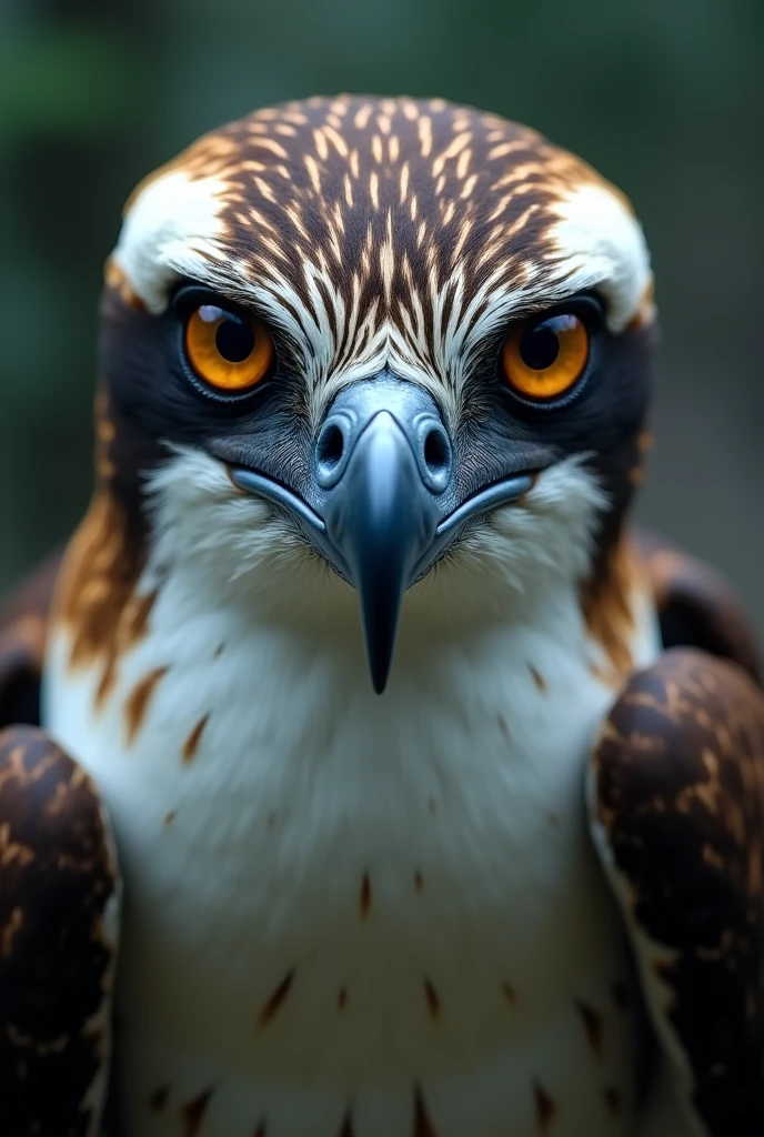 An Osprey bird facing towards the camera  , eyes focused on prey outside the frame, close up view of the head , eyes looking slightly away from the camera , 