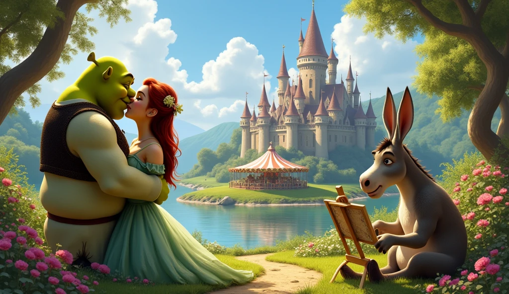 Shrek on the left side kissing with Fiona Shrek on the right side sitting with Fiona in the background Castle with Rivers Carousel Flowers Lake and the donkey sitting drawing