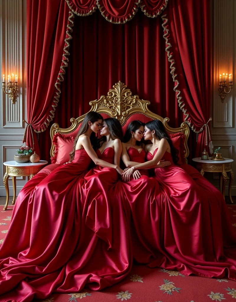 highest quality, masterpiece, highest resolution, artwork, super それにget used to it, many get used to it, get used to it, それにget used to it,love,romantic,four woman,two woman kissing each of their partners,((red satin elegant dresses)),red satin evening dresses, ((Gorgeous goddess rococo robe satin dress with voluminous full-length hoop skirt)),long sleeve,long dress,A dress with full silk fabric...,luxury,((Palace full red satin bedroom)),((huge satin bed)),Frilled silk red bedspread,many pillows on the bed,satin pillow with frills,four woman is kissing on the huge bed,luxurious ruffled red curtains